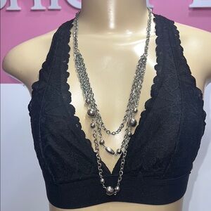 Black Lace Bralette with Silver Chain Necklace